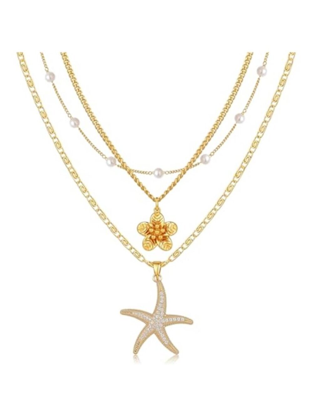 Gold Starfish Flower Pearl Layered Necklace